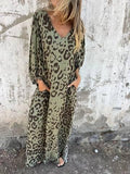 Aurohaya Leopard Print V-neck Pullover Long-sleeved Loose Dress Gray green