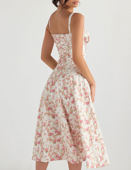 Aurohaya Rose Print Herringbone Slip Dress