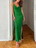 Swing Collar Suspender Side Slit Dress
