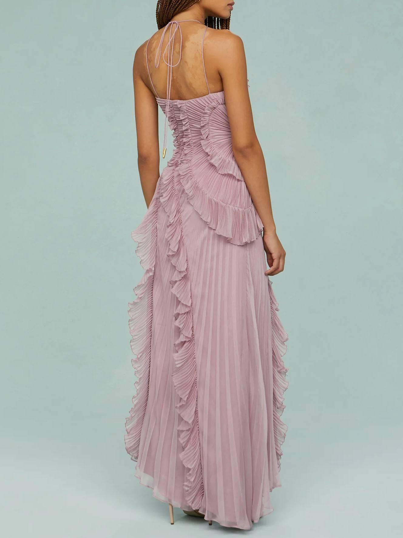 Aurohaya Halter Neck Pleated Backless Dress