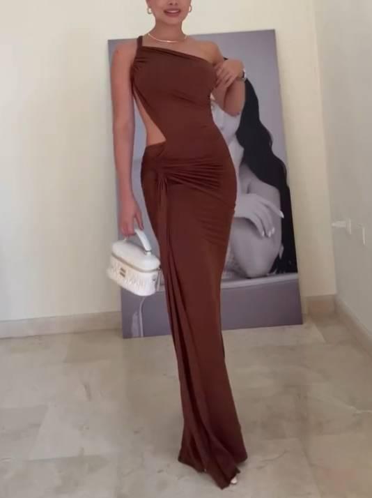Aurohaya Unique Asymmetric Design Waist Hollow Backless Maxi Dress Brown