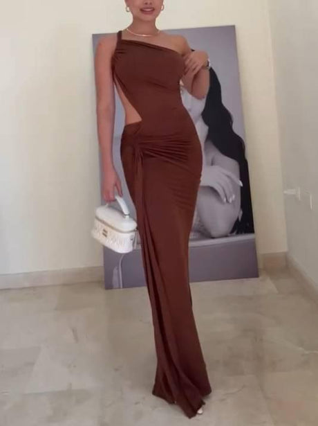 Aurohaya Unique Asymmetric Design Waist Hollow Backless Maxi Dress Brown