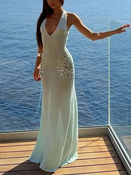 Aurohaya Sequined V-neck Backless Knit Maxi Dress Blue