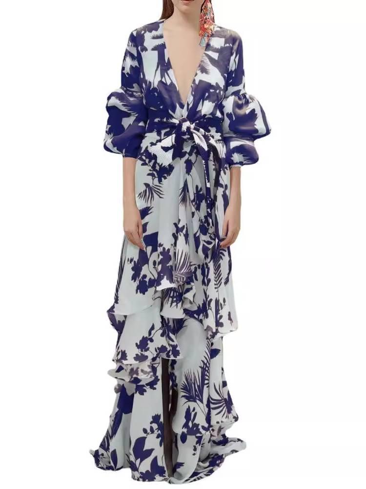 Aurohaya Unique Print Deep V Neck Dress Bule