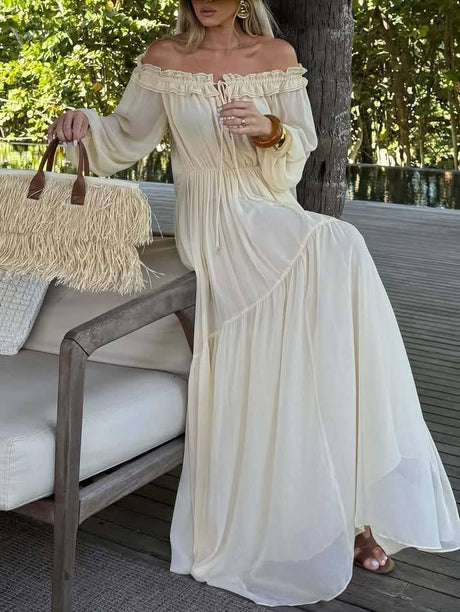 Aurohaya Vacation Style Off-shoulder Lace-up Long Sleeve Maxi Dress