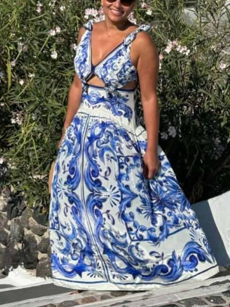 Aurohaya Printed Lace-Up Midi Dress