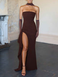 Elegant Bandeau Neck Slit Party Maxi Dress