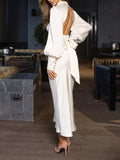 Elegant Satin High-neck Puff-sleeve Maxi Dress