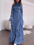 High-Collar Ruffle Splicing Flare-Sleeve Maxi Dress