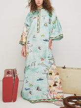 Aurohaya Modern Satin Art Island Print Slit Maxi Dress Green