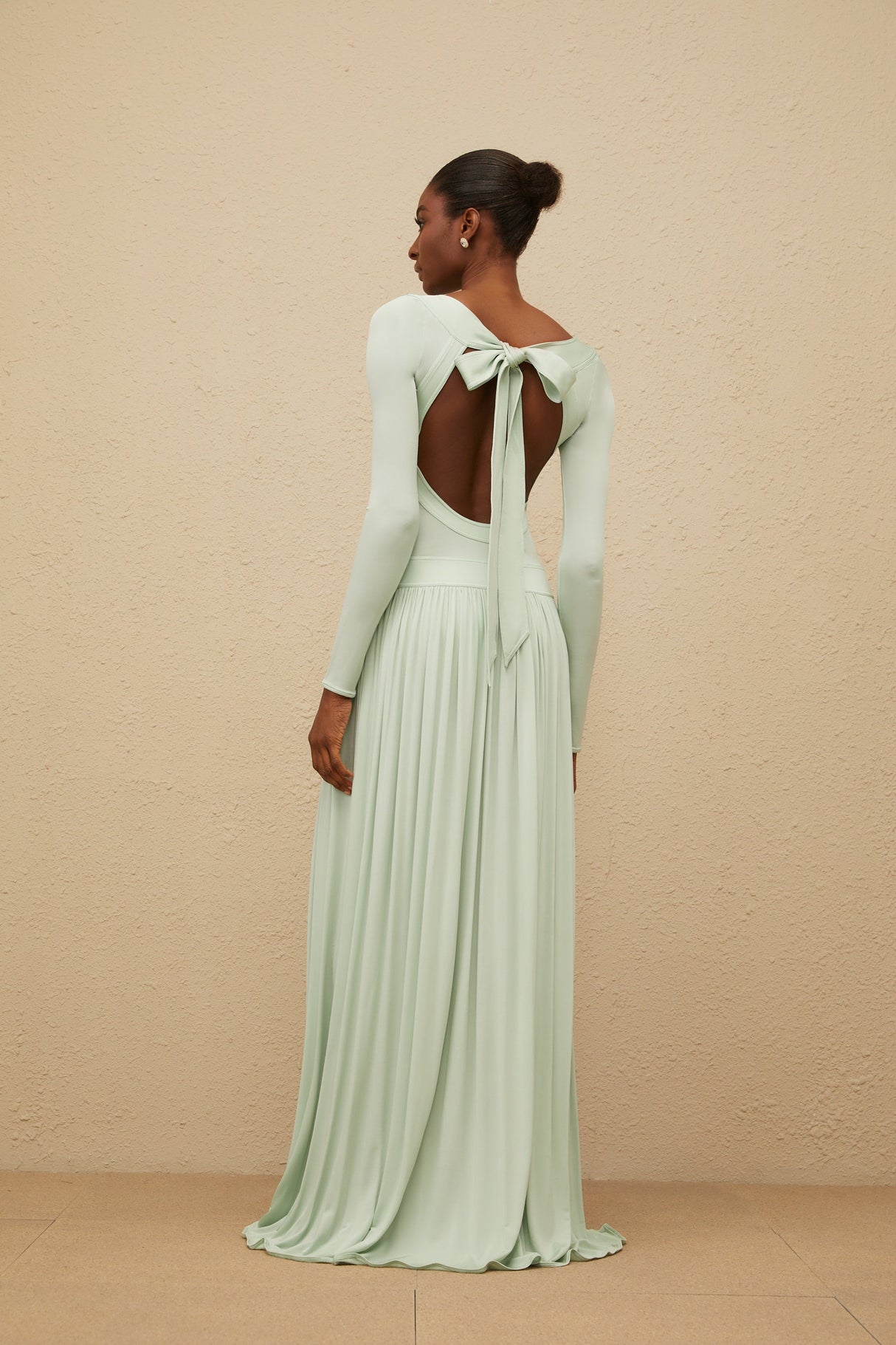 Aurohaya Campagne Green Open-Back Shirred Maxi Dress