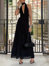 Aurohaya Halter Neck Deep V-Neck Slim Fit Pleated Backless Midi Dress Black