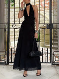Halter Neck Deep V-Neck Slim Fit Pleated Backless Midi Dress