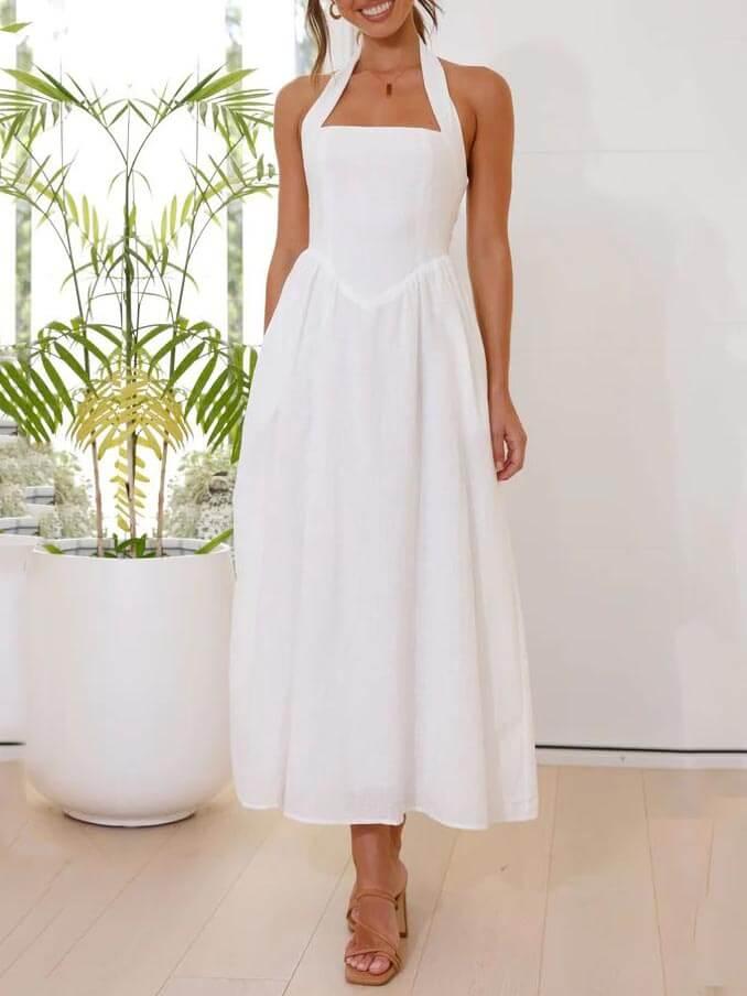 Aurohaya Halter Neck Waist Little Black Dress Mid Length Dress