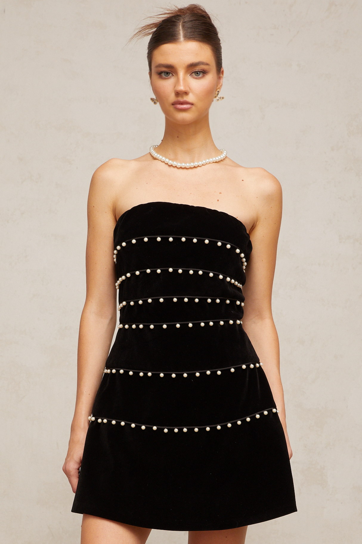 Aurohaya Camille black faux-pearl velvet mini dress