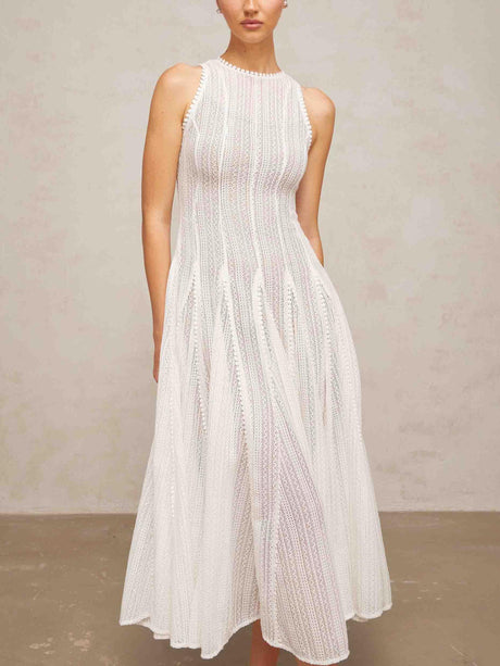 Aurohaya Elegant Hollow Lace Slim Sleeveless Swing Midi Dress