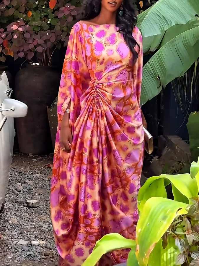 Aurohaya Vibrant Abstract Print Ruched High-Slit Maxi Dress