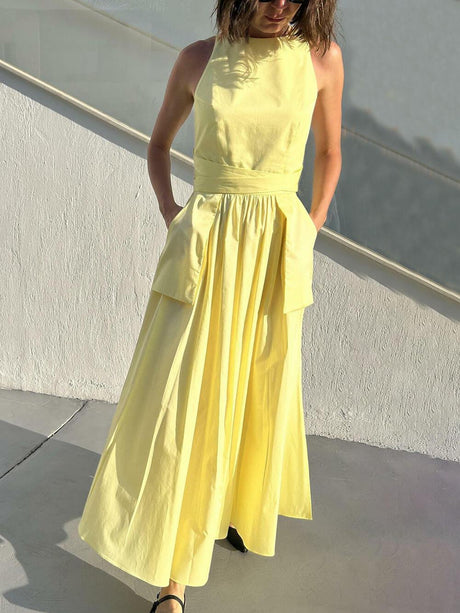 Aurohaya Unique Side Slit Lace-Up Pocket Vest Dress Yellow