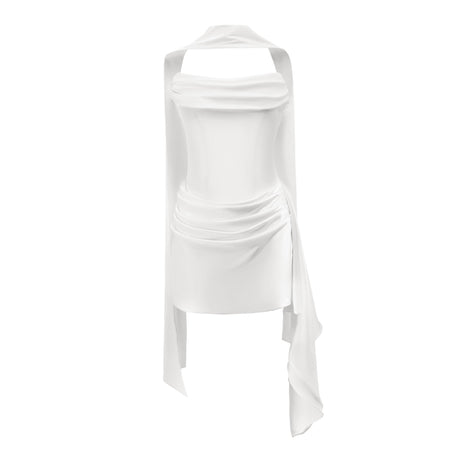 Aurohaya Zenina White Ruched Ribbon Detail Mini Dress