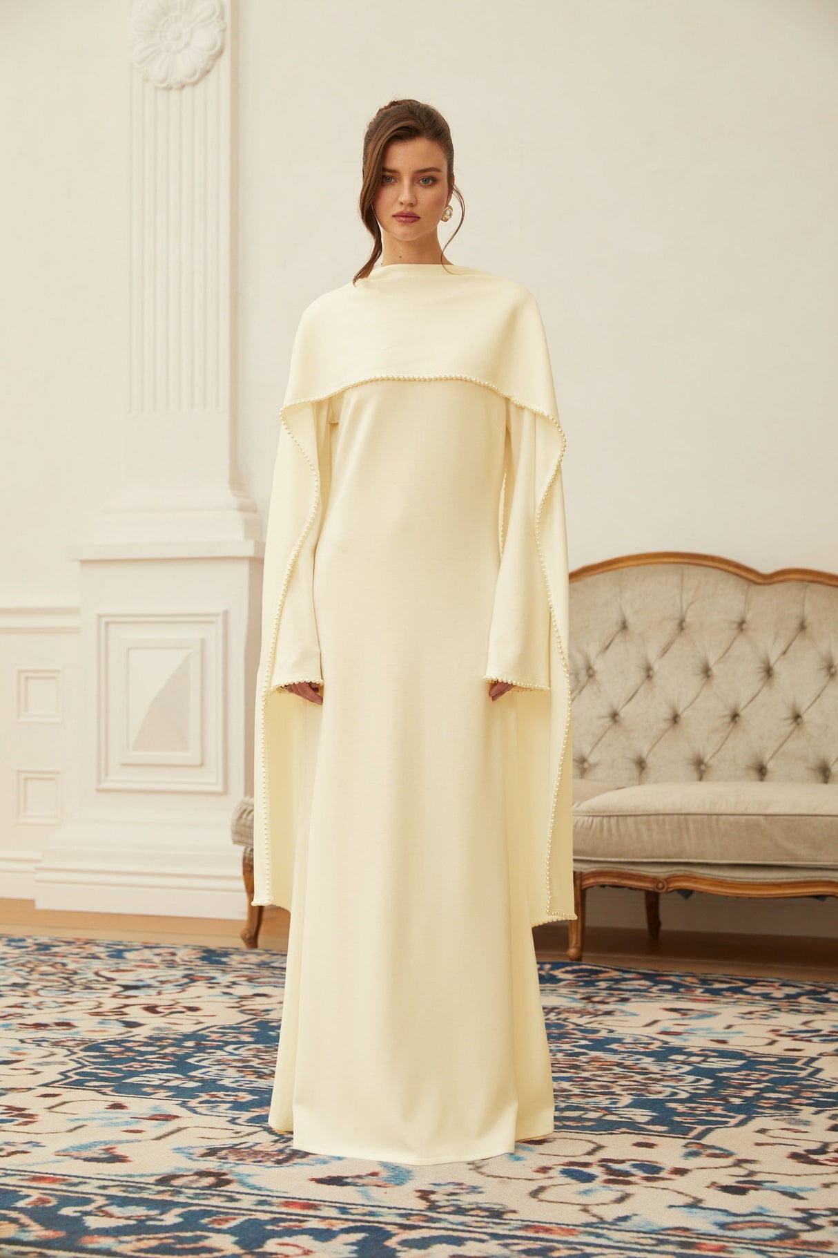 Aurohaya Piroska Yellow Pearl Trim Shawl Detail Maxi Dress