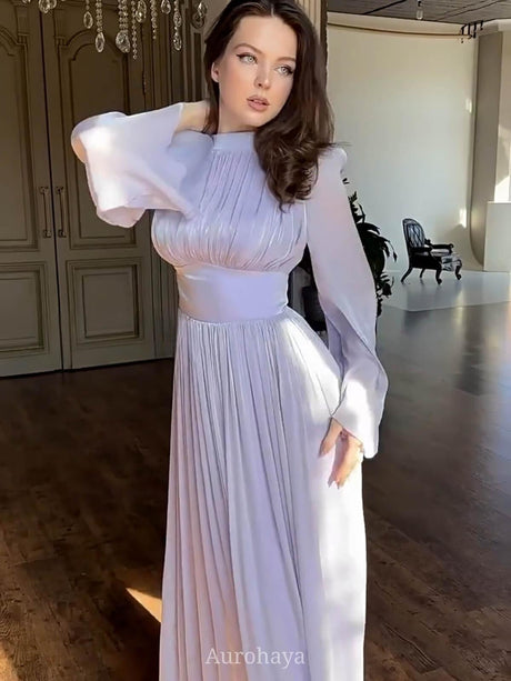 Aurohaya Round Neck Long Sleeve Empire Waist Pleated Maxi Dress