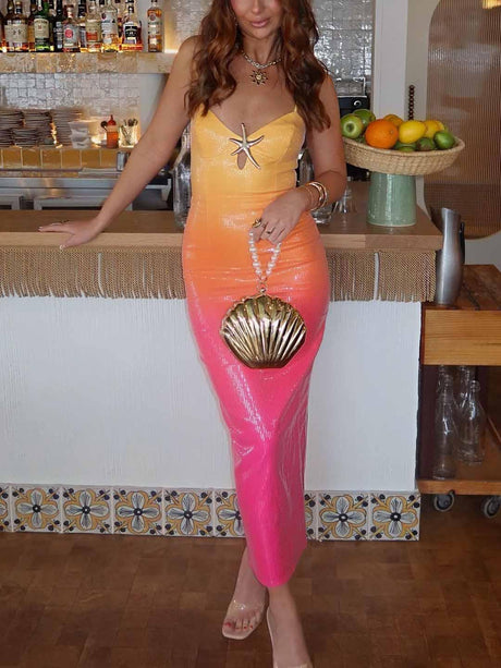 Aurohaya Exquisite Ombre Ocean Sequin Midi Dress Apricot