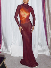 Aurohaya Unique Abstract Floral Print Mesh Sheer Maxi Dress Red