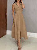 Unique Shirt Style Single-breasted Tie Midi Dress