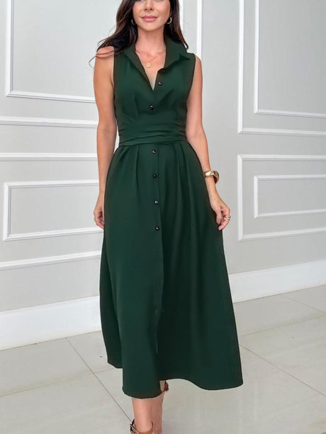 Aurohaya Unique Shirt Style Single-breasted Tie Midi Dress Dark green