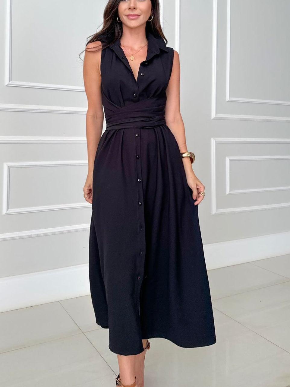 Aurohaya Unique Shirt Style Single-breasted Tie Midi Dress Black