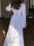 Round Neck Long Sleeve Empire Waist Pleated Maxi Dress