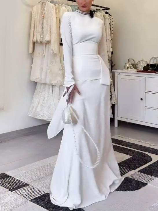 Aurohaya Waist Belt Design Maxi Dress Set White