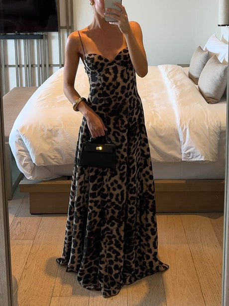 Aurohaya Elegant Statement Strappy Leopard Print Maxi Dress