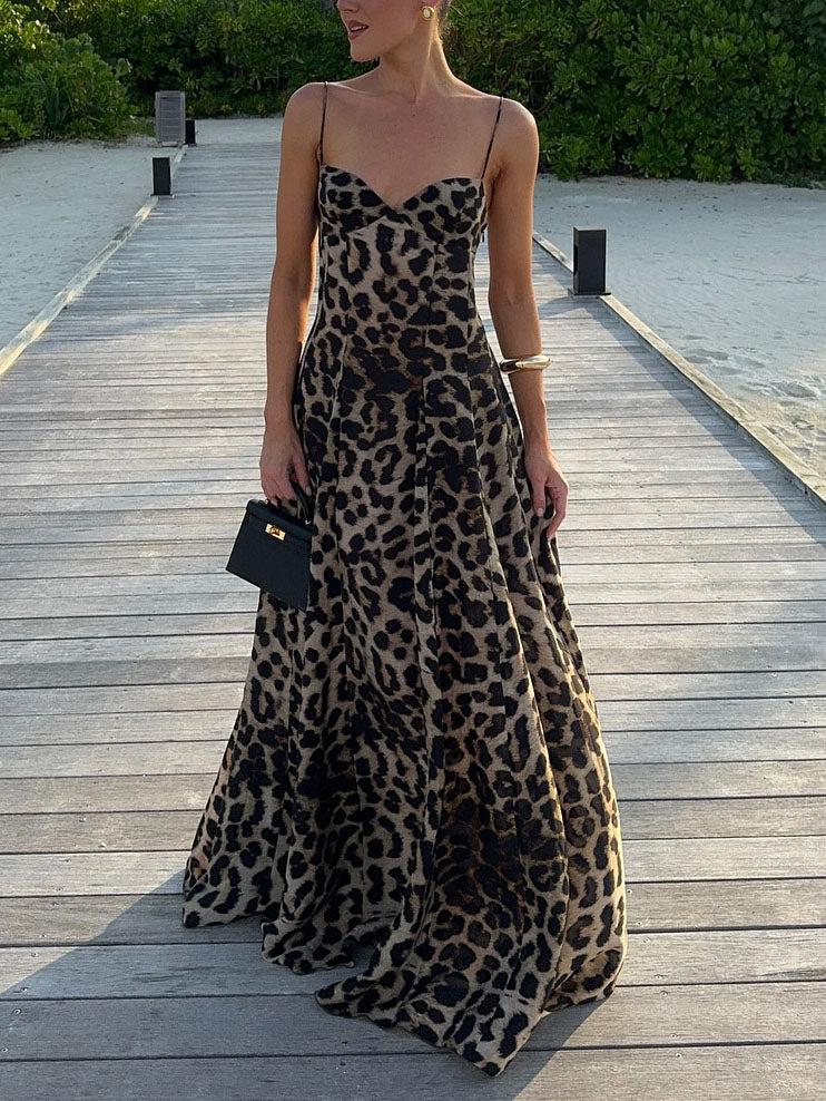 Aurohaya Elegant Statement Strappy Leopard Print Maxi Dress Black