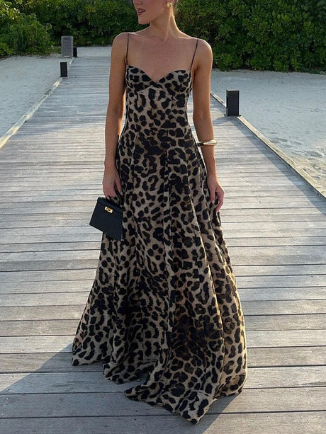 Aurohaya Elegant Statement Strappy Leopard Print Maxi Dress Black