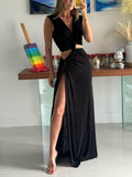 Aurohaya Modern Deep V-Neck Cutout Twist Knit Maxi Dress Black