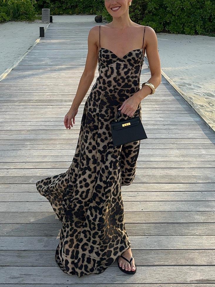 Aurohaya Elegant Statement Strappy Leopard Print Maxi Dress
