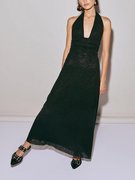 Aurohaya Halter Neck Deep V-Neck Slim Fit Pleated Backless Midi Dress