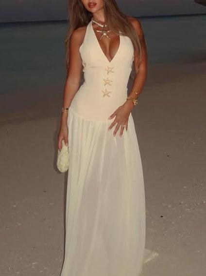 Aurohaya Fashion Halterneck Lace-up Deep V-neck Backless Maxi Dress