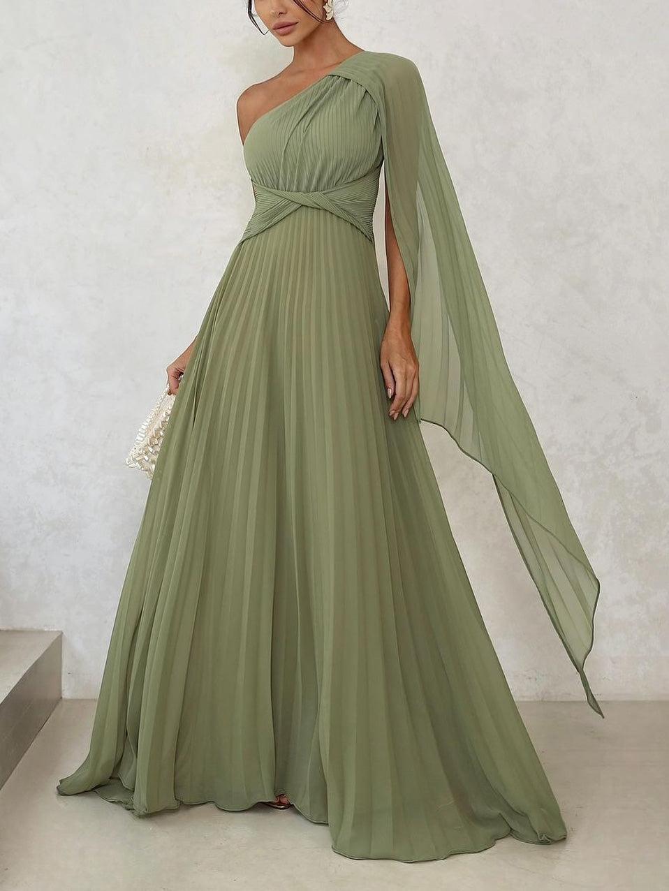 Aurohaya Elegant Flowing Pleated Off-the-Shoulder Maxi Dress