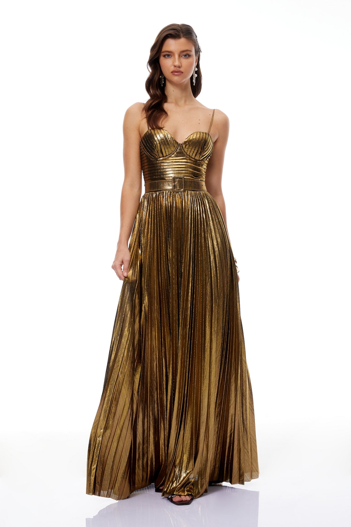 Aurohaya Calliope Gold Glossy Pleated Maxi Dress