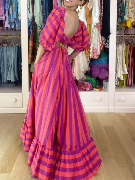 Aurohaya Stunning Unique Stripe Print Puff Sleeve Maxi Dress