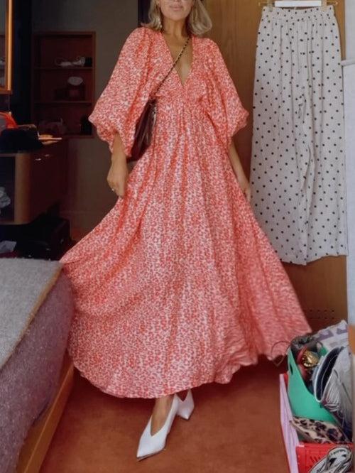 Aurohaya Casual Leopard Print Deep V Neck Maxi Dress