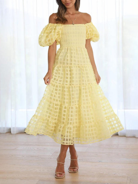 Aurohaya Fashionable One-Shoulder Chiffon Puff Sleeve Swing Midi Dress Yellow