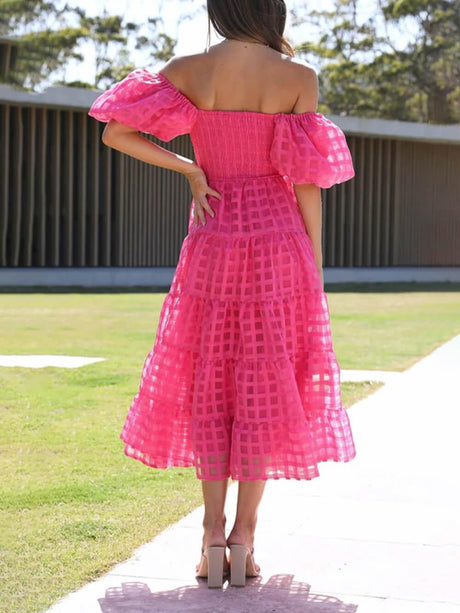 Aurohaya Fashionable One-Shoulder Chiffon Puff Sleeve Swing Midi Dress