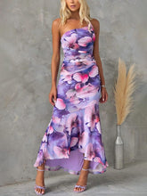 Aurohaya Beautiful Casual Off-Shoulder Floral Print Elastic Slim Irregular Maxi Dress Purple