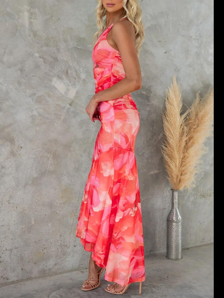 Aurohaya Beautiful Casual Off-Shoulder Floral Print Elastic Slim Irregular Maxi Dress