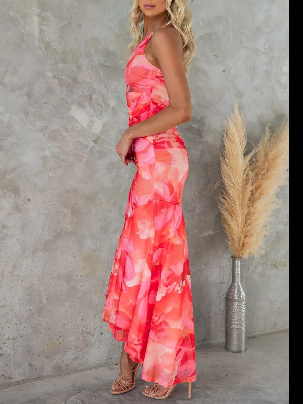 Aurohaya Beautiful Casual Off-Shoulder Floral Print Elastic Slim Irregular Maxi Dress