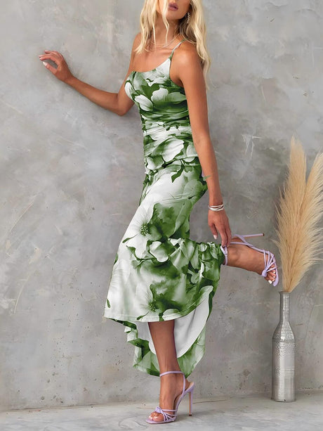 Aurohaya Beautiful Casual Off-Shoulder Floral Print Elastic Slim Irregular Maxi Dress