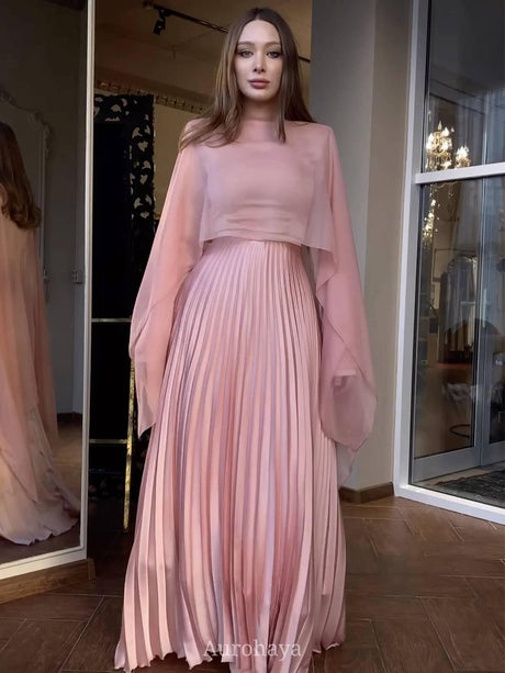 Aurohaya Waist-Cinching Long-Sleeve Pleated Maxi Cape Dress